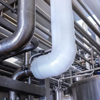 Piping in dairy insulated with Dan-isoCLEAN pipe insulation EC-ISO from Dan-iso