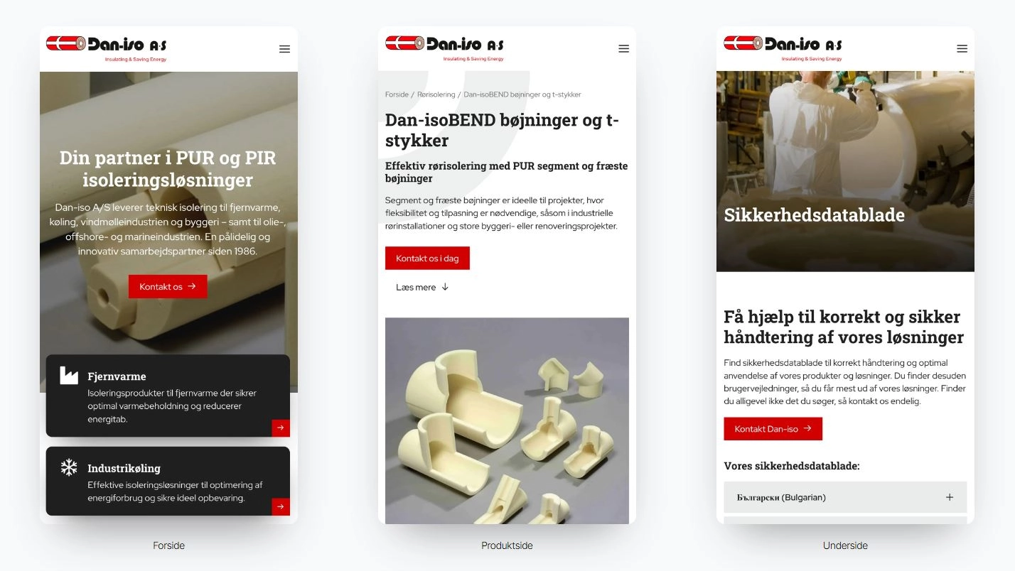 Skærmbillede af Dan-isos mobiloptimerede website med fokus på PUR-isolering, produkter og sikkerhedsdatablade.