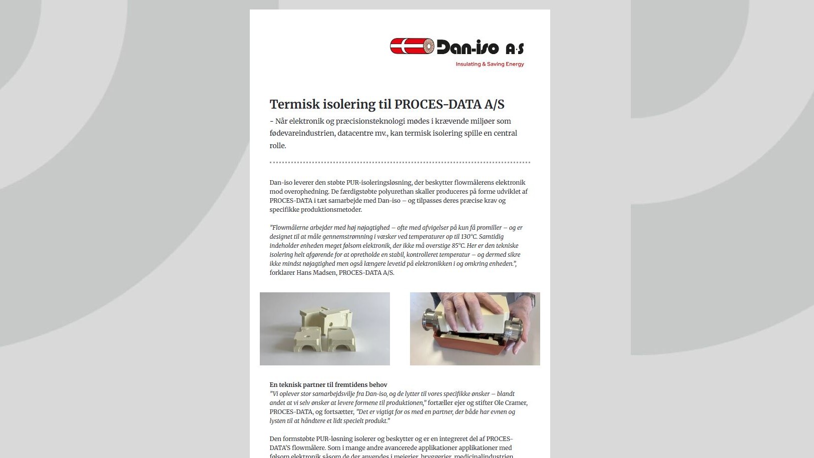 Dokument fra Dan-iso A/S om termisk isolering til PROCES-DATA A/S med tekst og billeder af isoleringsprodukter.